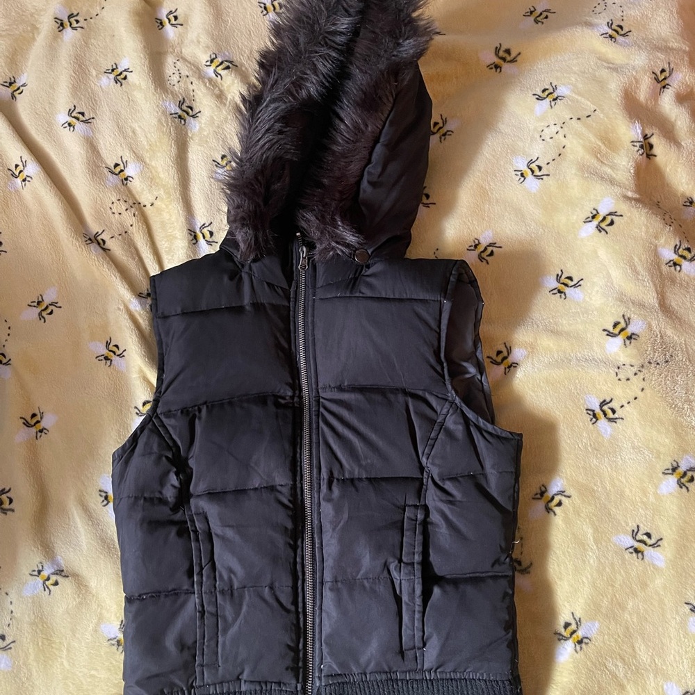 Small Black Puffer Vest with Faux Fur Hood